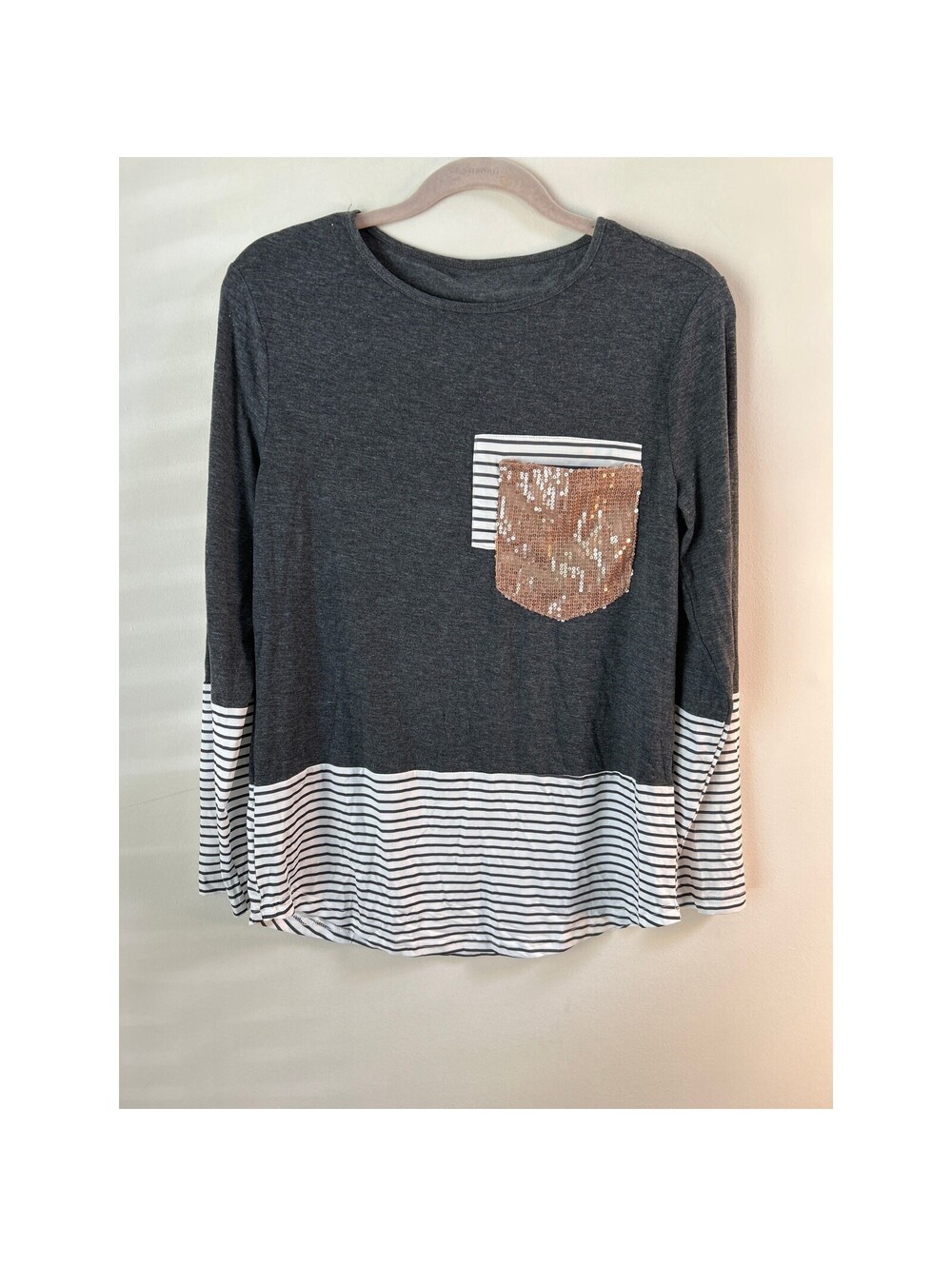 Women's Small Gray Striped Long Sleeve Top Rose Gold Sequin Pocket Colorblock